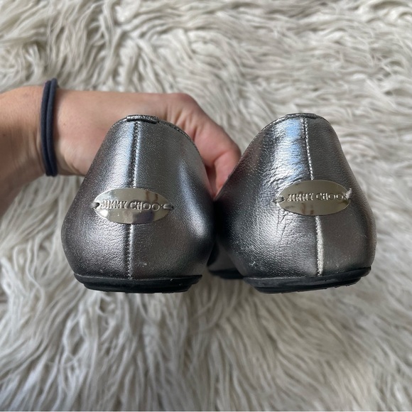 Jimmy Choo Watson Silver Metallic Calf Leather Studded Accents Ballet Flats 37 - Picture 9 of 12